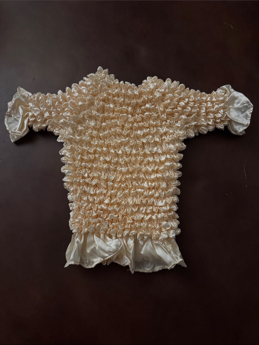 Stretch Cream Smocked Satin Top - Elegant Ruffle Detail